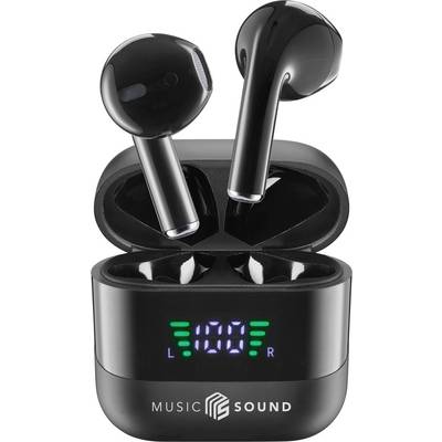 Black wireless earbuds in an open charging case with a digital display showing '100' and battery indicators labeled 'L' and 'R.'