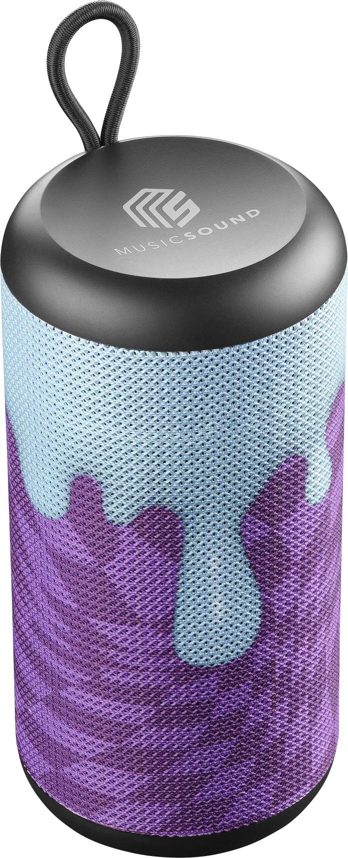 Portable Bluetooth speaker with colorful purple and blue design and a black top featuring the 'MUSIC SOUND' logo.