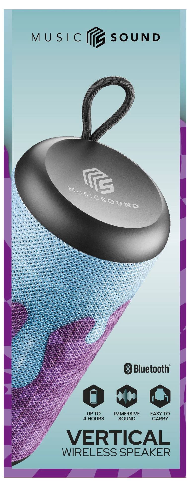 A vertical wireless speaker packaging showing a portable blue and purple speaker with a handle, featuring 'Bluetooth', '4-8 hours', 'immersive sound', and 'easy to carry' icons.