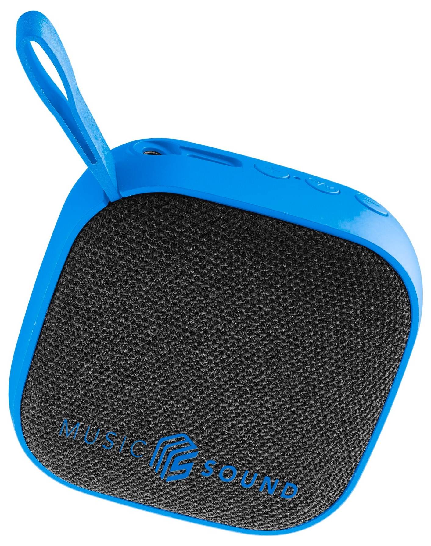 A portable blue wireless speaker with a black grille and a loop handle, branded 'Music Sound'.