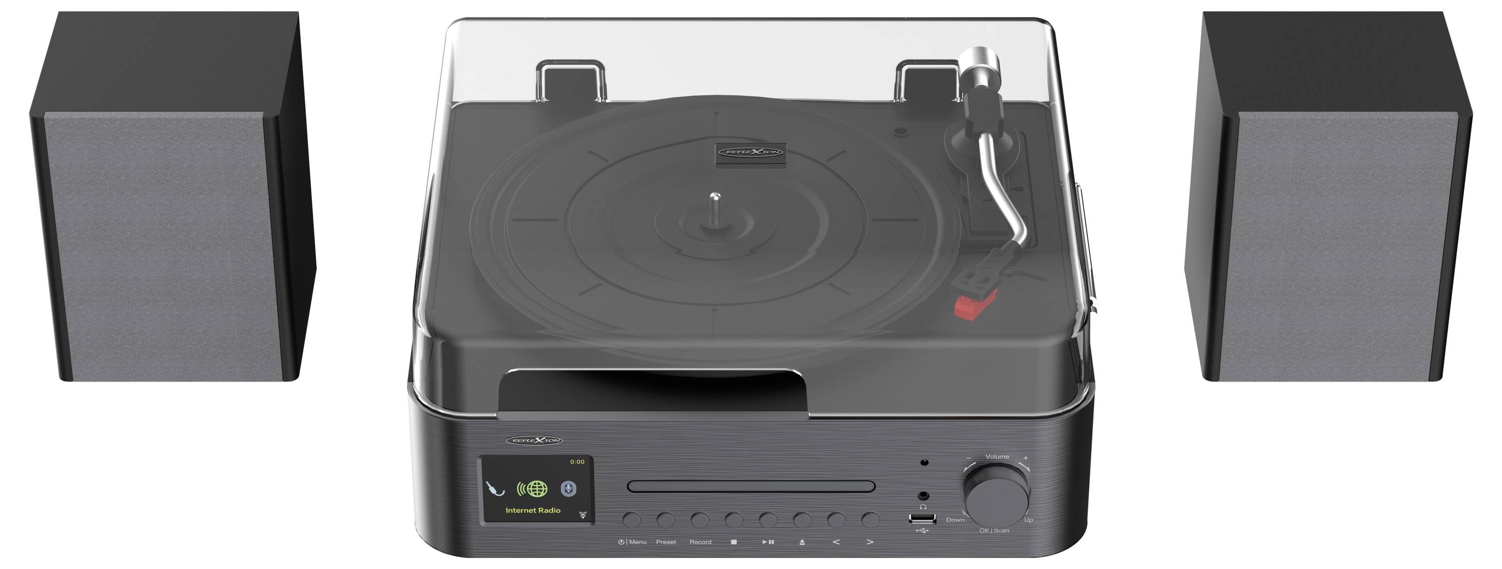A black record player with a clear dust cover and two black speakers on each side, featuring buttons and a small display screen.