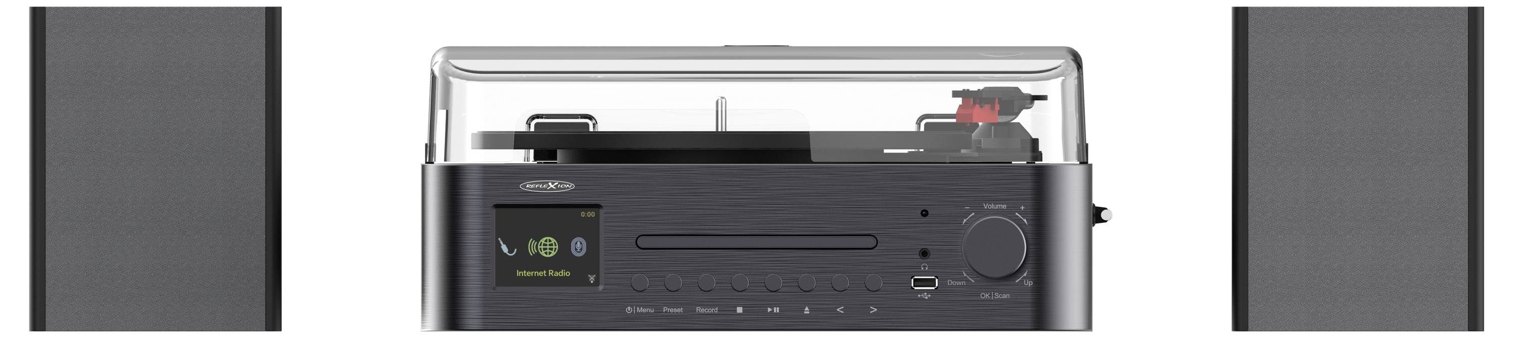 A stereo system with a turntable, CD player, and two speakers. The turntable is open with a record playing, and digital controls are displayed.