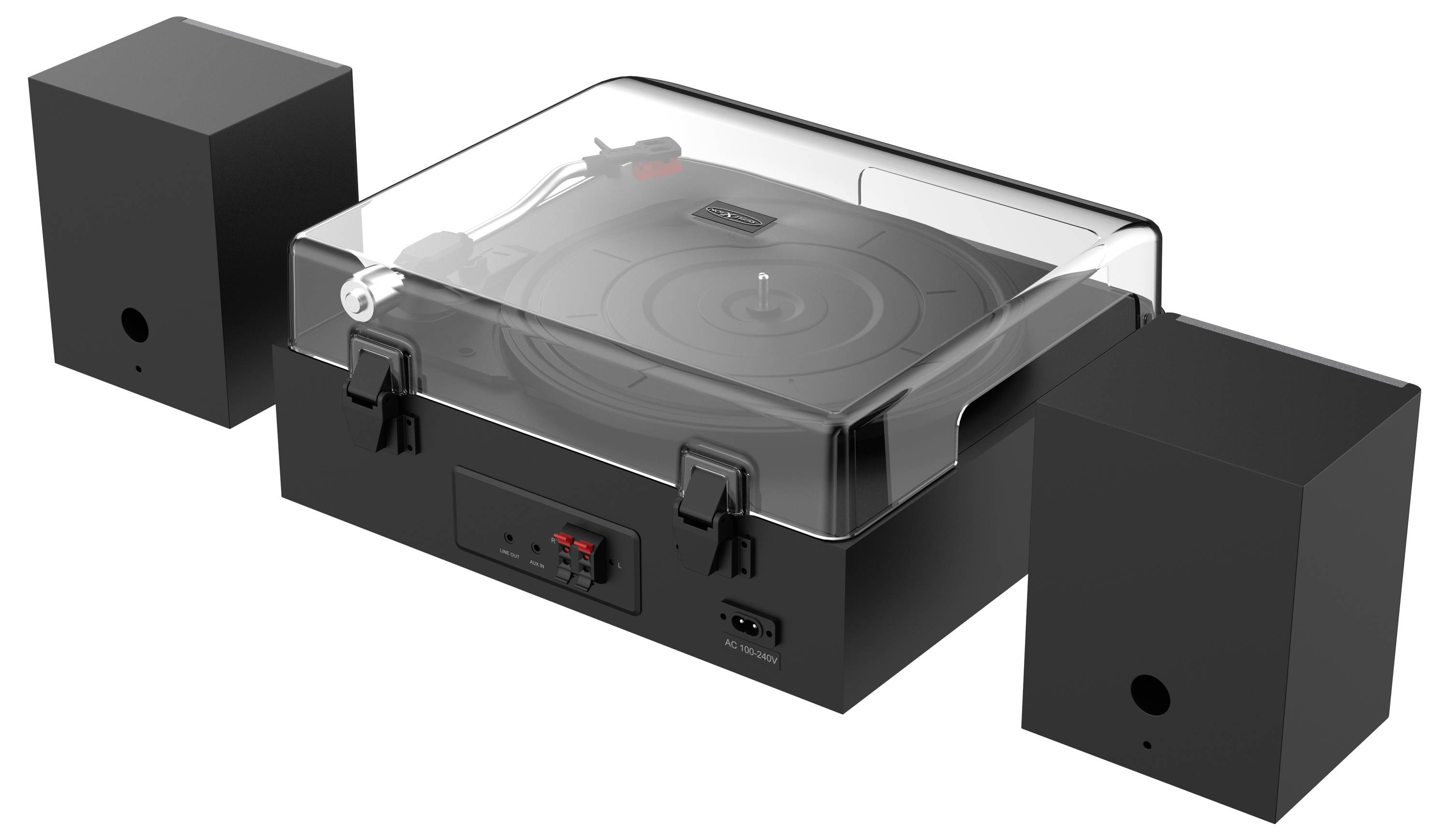 A black turntable with a transparent cover is positioned between two black speakers. The turntable's tonearm rests on top, ready for use.