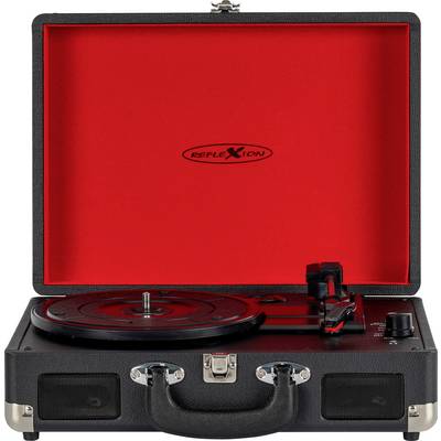 A portable record player in a black suitcase design, with a red interior displaying the 'Reflexion' logo, includes controls and a turntable.