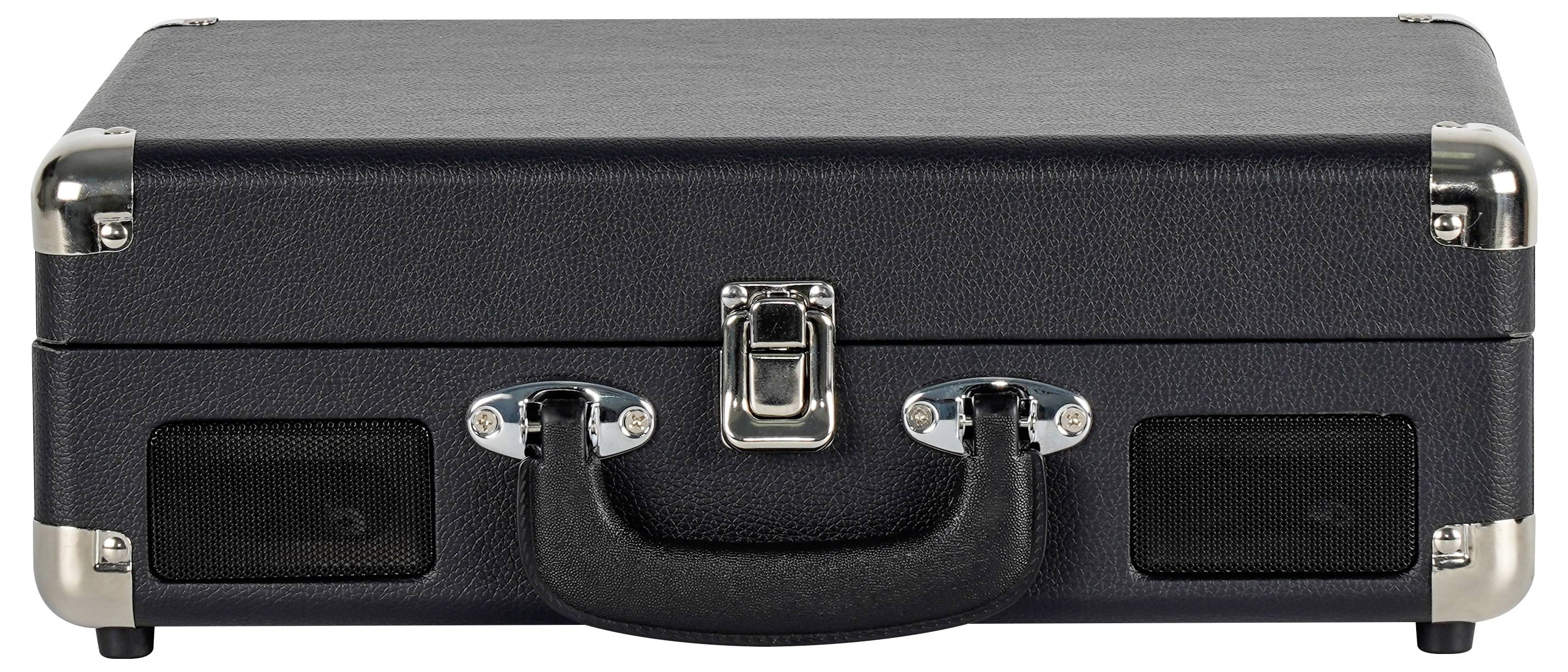 A closed black briefcase with metal corners, a clasp, and a sturdy handle.