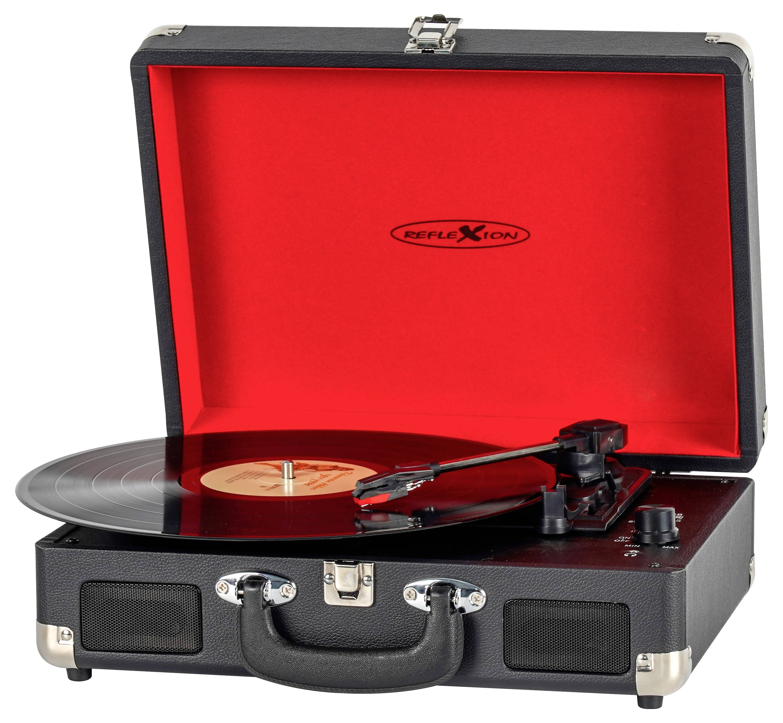 A black portable record player with an open red interior, playing a vinyl record. The lid displays the brand logo.