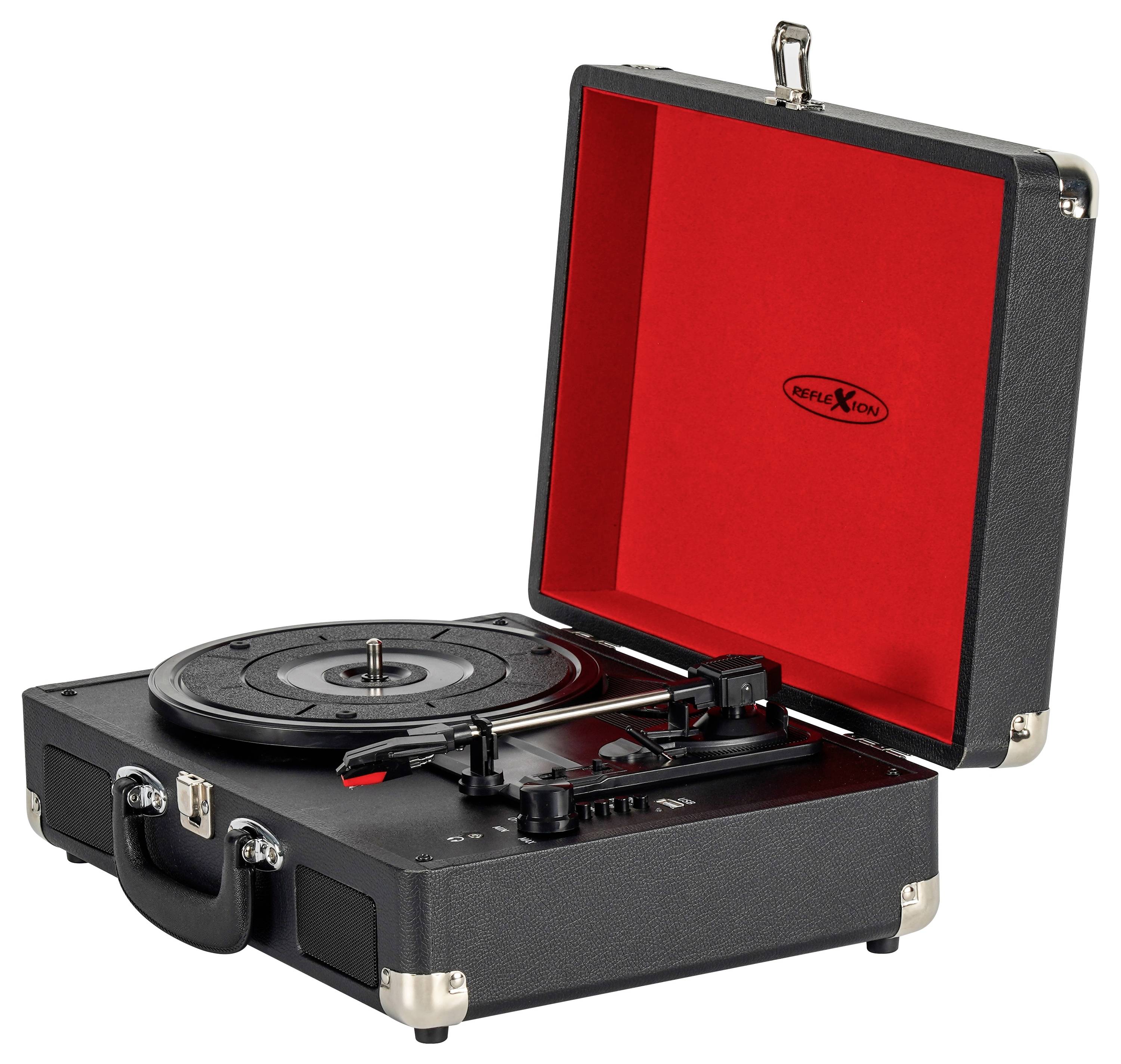 A black vintage-style suitcase record player with a red interior. The lid is open, revealing the turntable and tonearm inside.