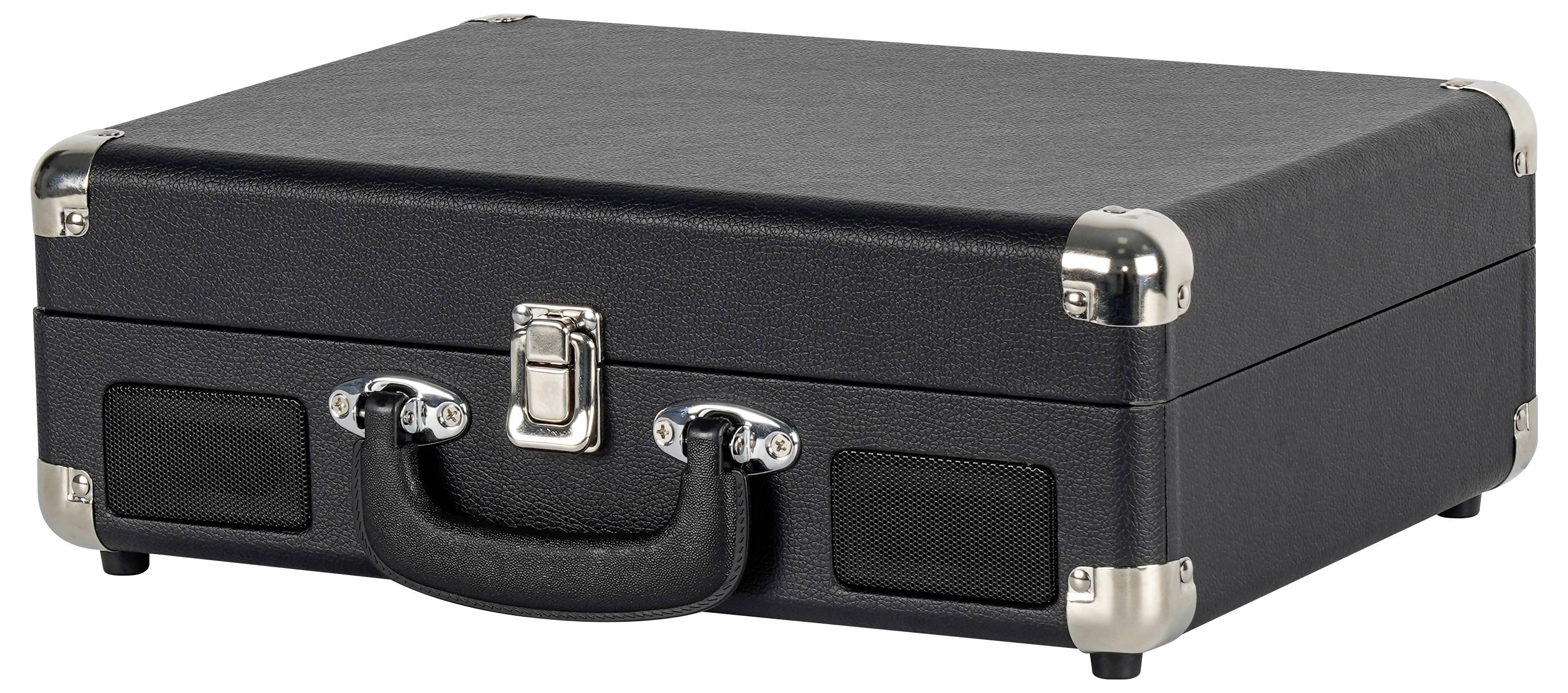 A closed black briefcase with metal corners and a handle, suggesting portability and secure storage.