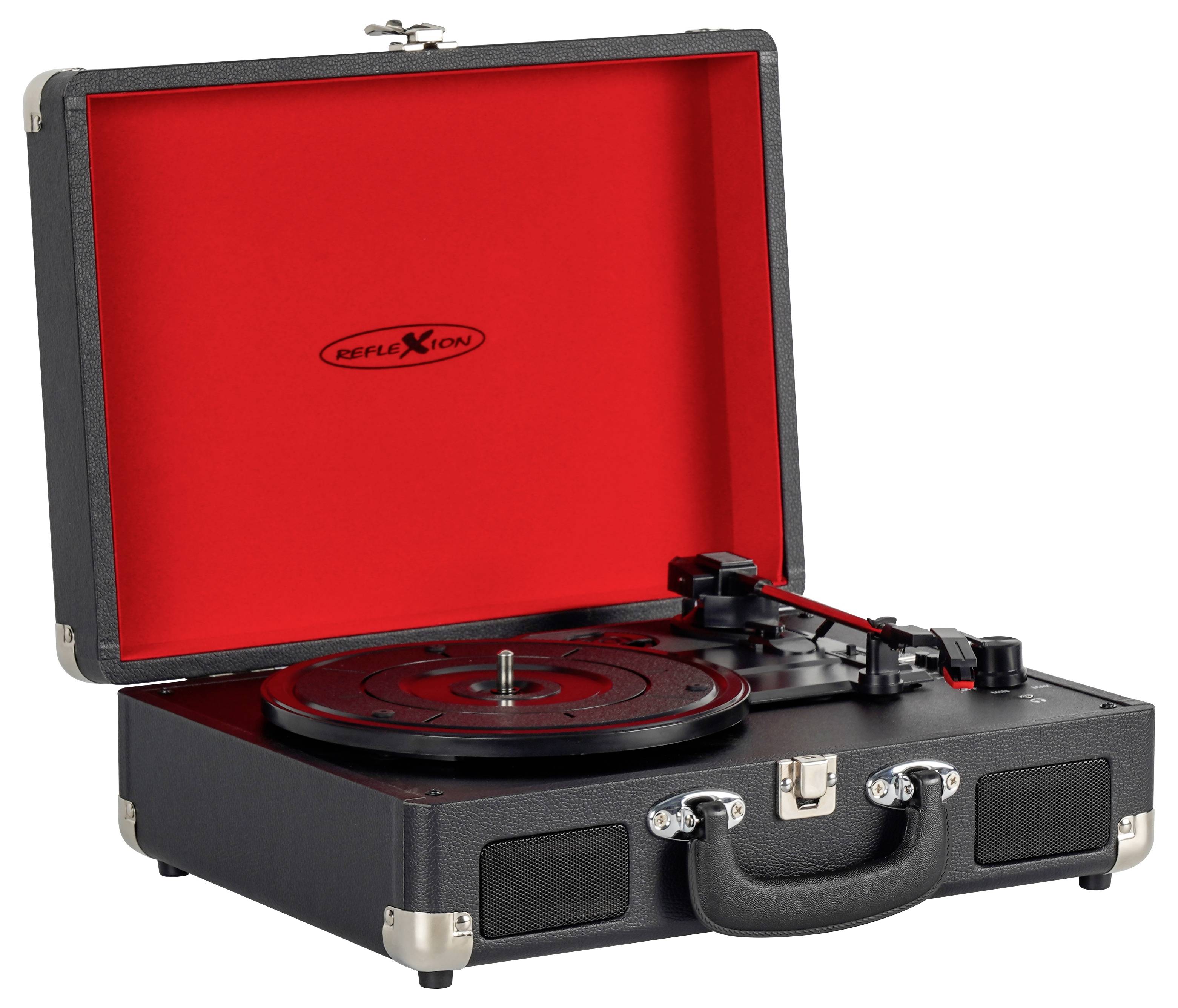A black portable turntable in an open briefcase-style design, with a red interior. The brand name appears on the lid.