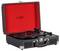 A black portable turntable in an open briefcase-style design, with a red interior. The brand name appears on the lid.