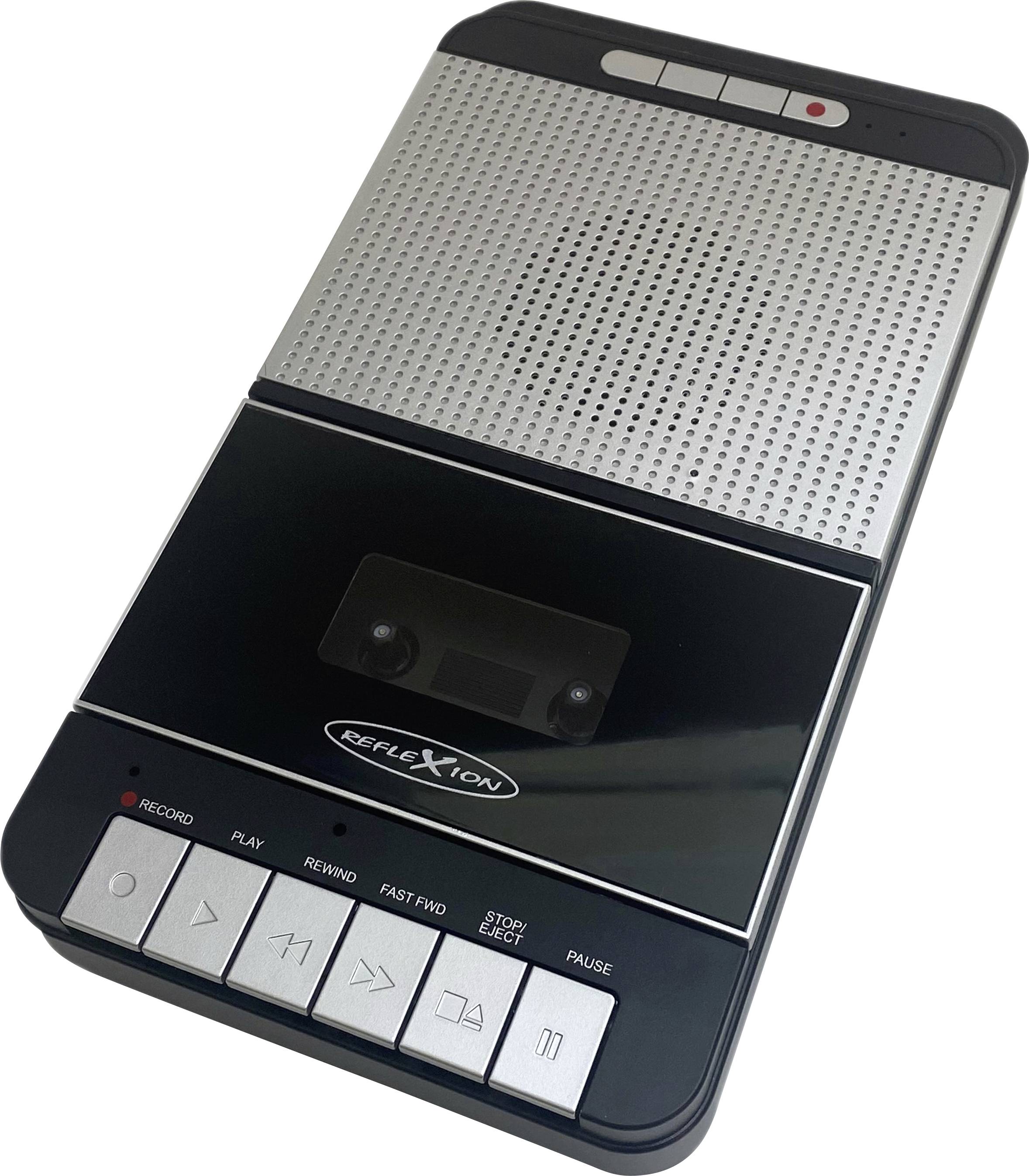 A black and silver portable cassette tape player with buttons for 'record', 'play', 'rewind', 'fast forward', 'stop/eject', and 'pause'.