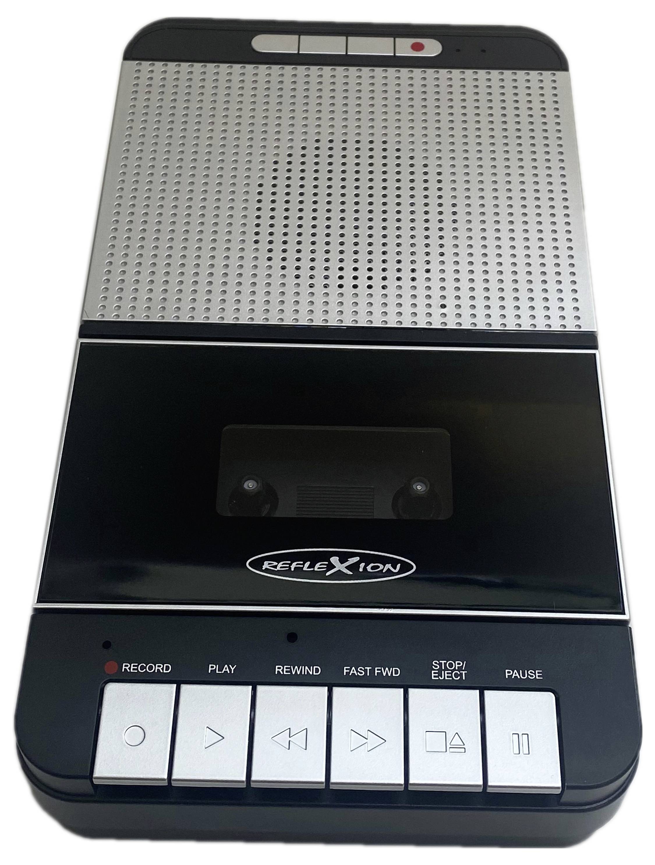 Cassette recorder with 'Reflexion' label, featuring buttons for record, play, rewind, fast forward, stop/eject, and pause.