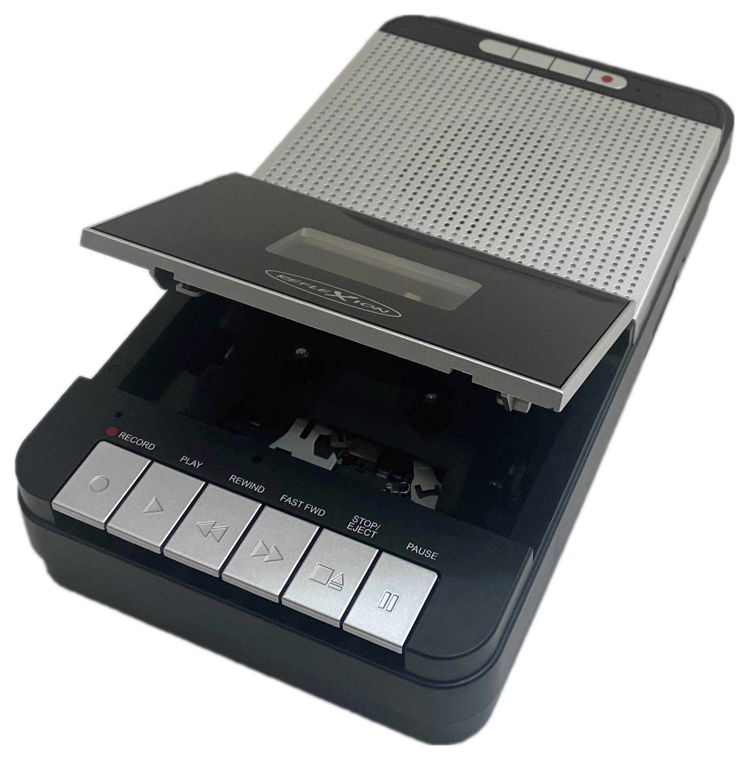 A portable cassette player with buttons labeled 'Record', 'Play', 'Rewind', 'Fast Fwd', 'Stop/Eject', and 'Pause'. The lid is open.