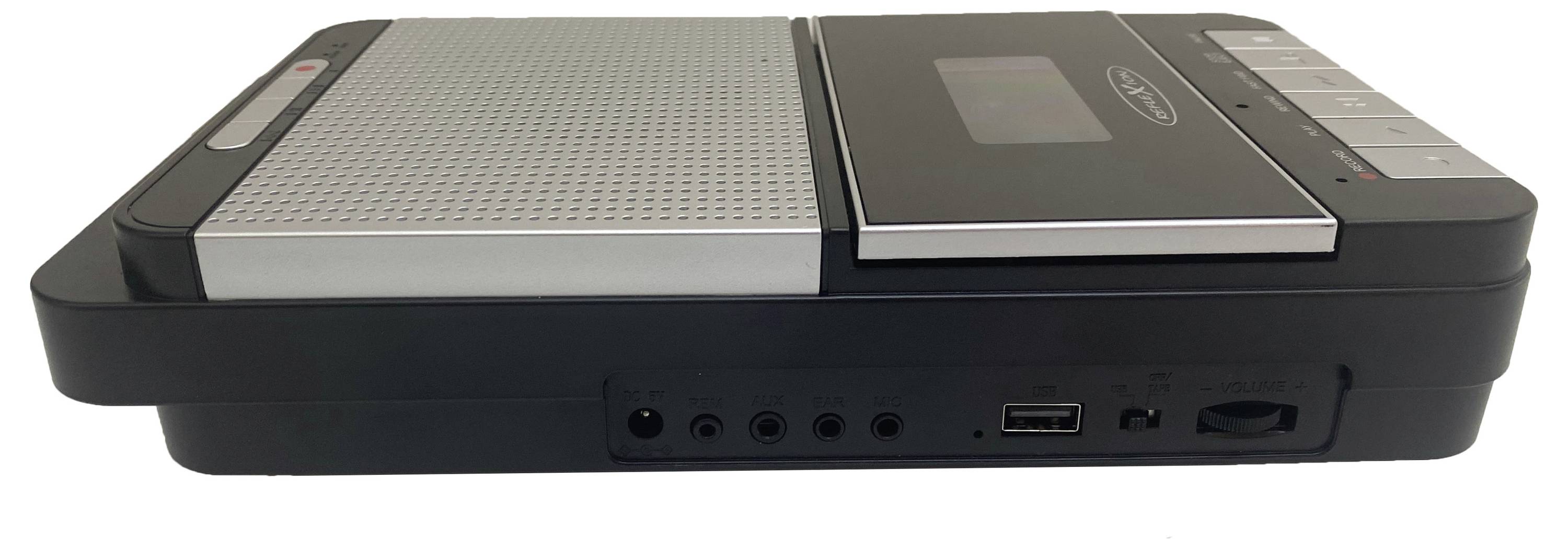 'A black and silver cassette tape player with control buttons on the side and a front panel with a speaker grille and cassette deck.'