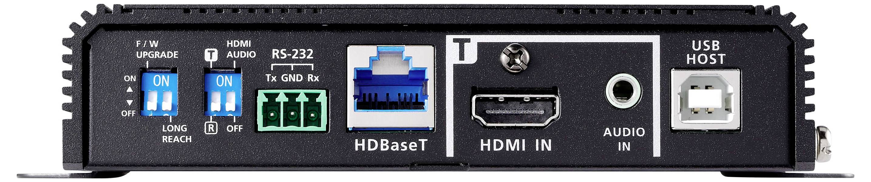 'Rear panel of a device showing switches, RS-232 port, Ethernet port, HDMI input, audio input, and USB host port.'