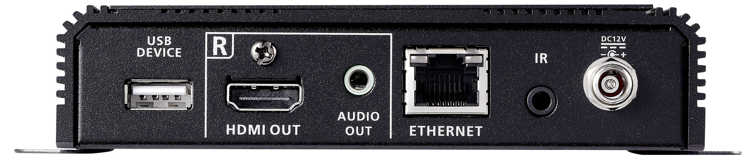 Back panel of an electronic device featuring ports: USB, HDMI out, audio out, Ethernet, IR, and a DC 12V power input.