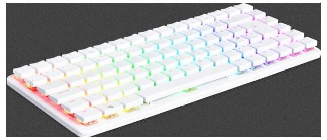 A white keyboard with RGB backlighting, displaying a spectrum of colors from left to right.