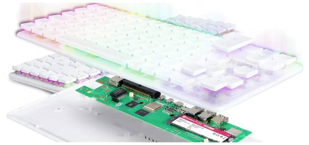 A keyboard disassembled to show its circuit board and internal components, with a colorful lighting effect on the keys.