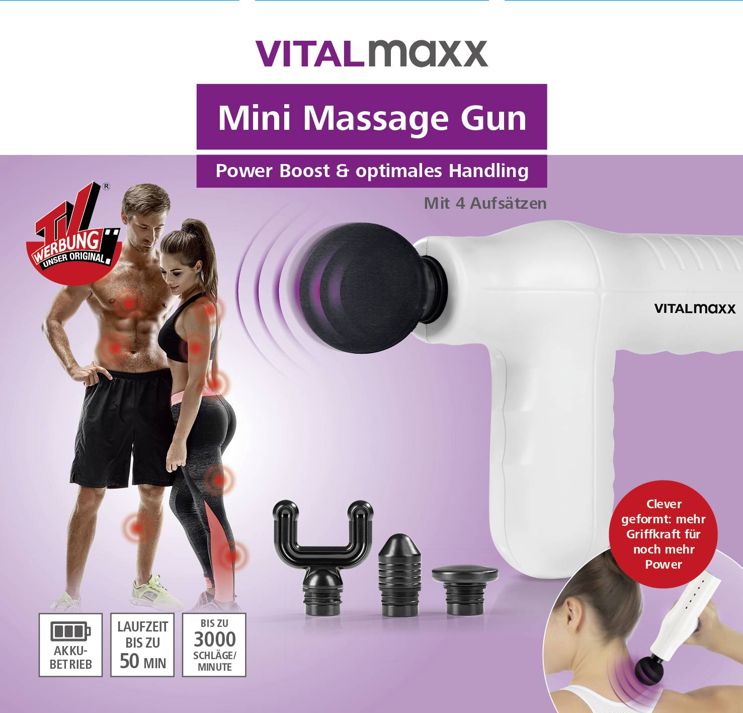 A massage gun with four different attachments is shown. Advertised are 'Power Boost & optimal handling' as well as battery operation of up to 50 minutes.