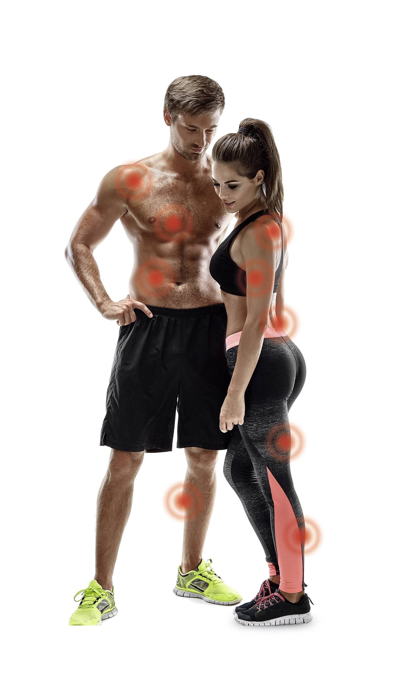 A man and woman in athletic wear stand together. Red circles highlight muscles or possible injury areas on their bodies.