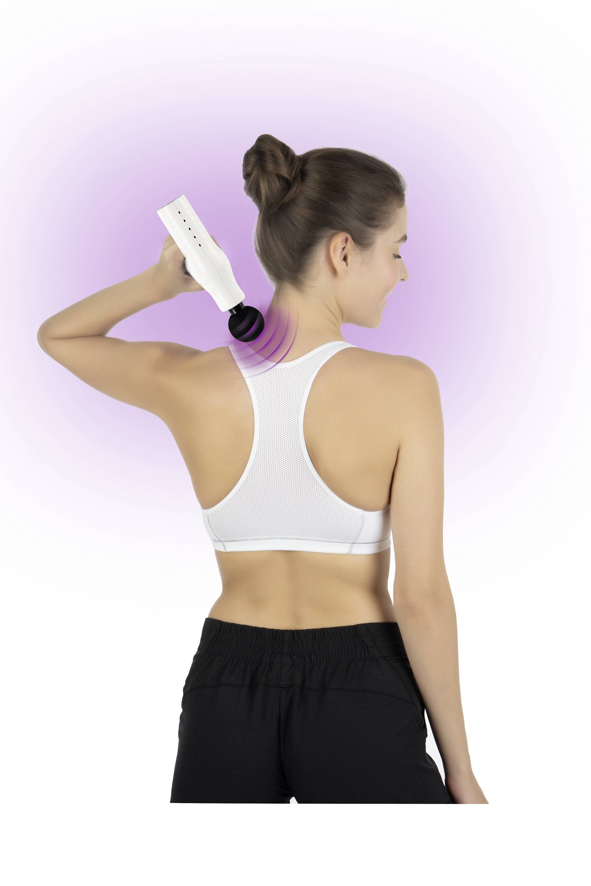 A woman uses a handheld massager on her neck and upper back, creating a gentle purple light effect around the massaged area.