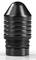 A black, cylindrical object with a rounded top and multiple horizontal ridges. It appears to be a mechanical or industrial part.