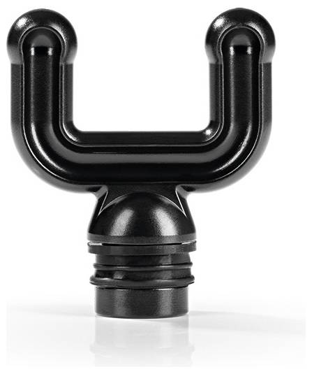 A black u-shaped plastic object with two vertical knobs on top, attached to a circular base.