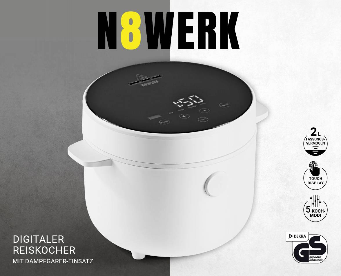 Digital rice cooker with steamer, N8WERK, 2L capacity, touch display, 5 cooking modes. Gray and white design, GS certified.