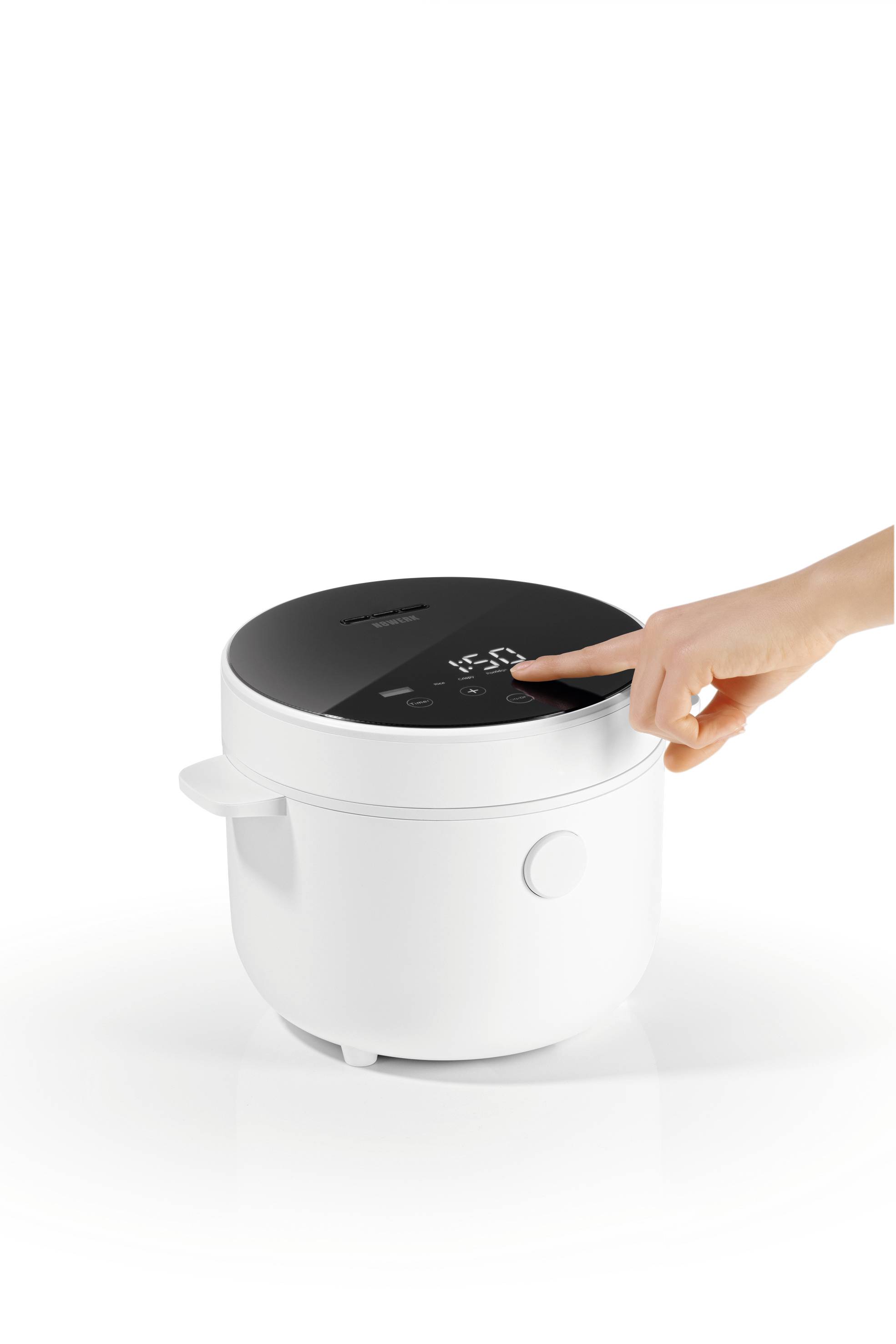 A hand presses a button on a sleek, modern rice cooker's touch screen with a digital display, set on a white counter.