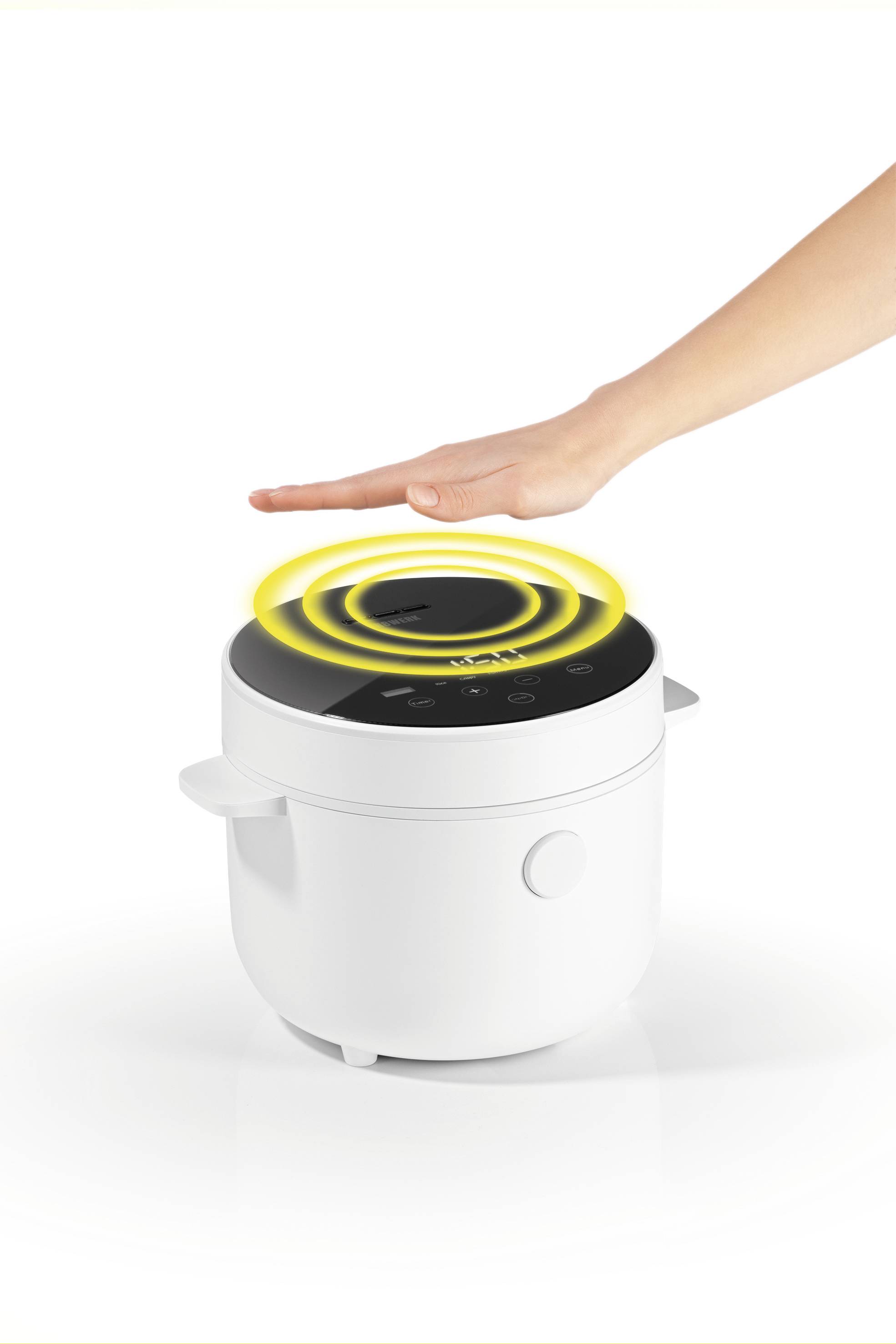 A hand hovers above a modern rice cooker, interacting with the sensor controls. The device features a sleek, white design with a digital interface.