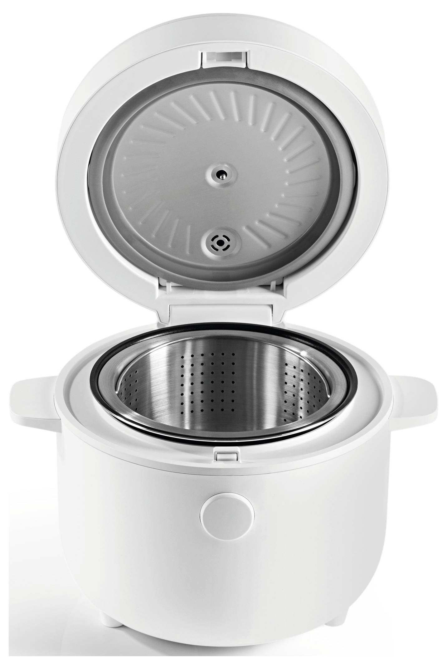 An open electric rice cooker with a stainless steel inner pot, showing the interior and lid design.