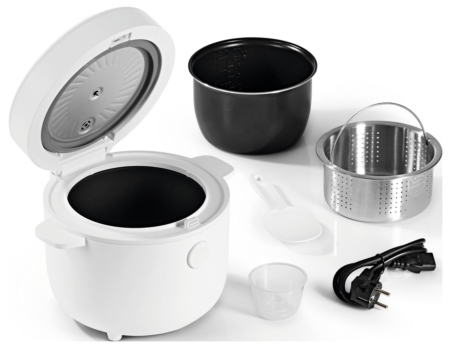 A white rice cooker with an open lid, showing separate inner pot, steamer basket, measuring cup, spatula, and power cord.