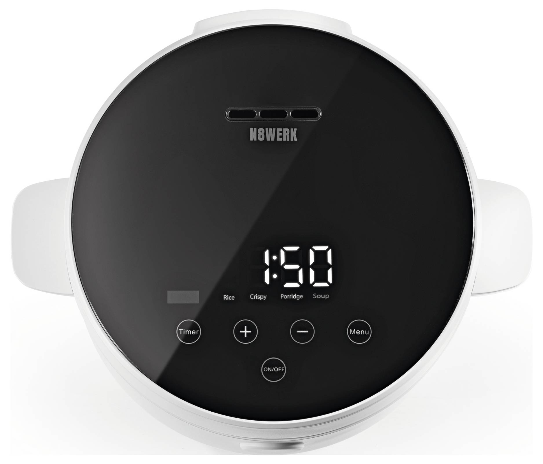 A top view of a white and black multi-cooker displaying '1:50' on its digital screen with buttons for timer, menu, and power.