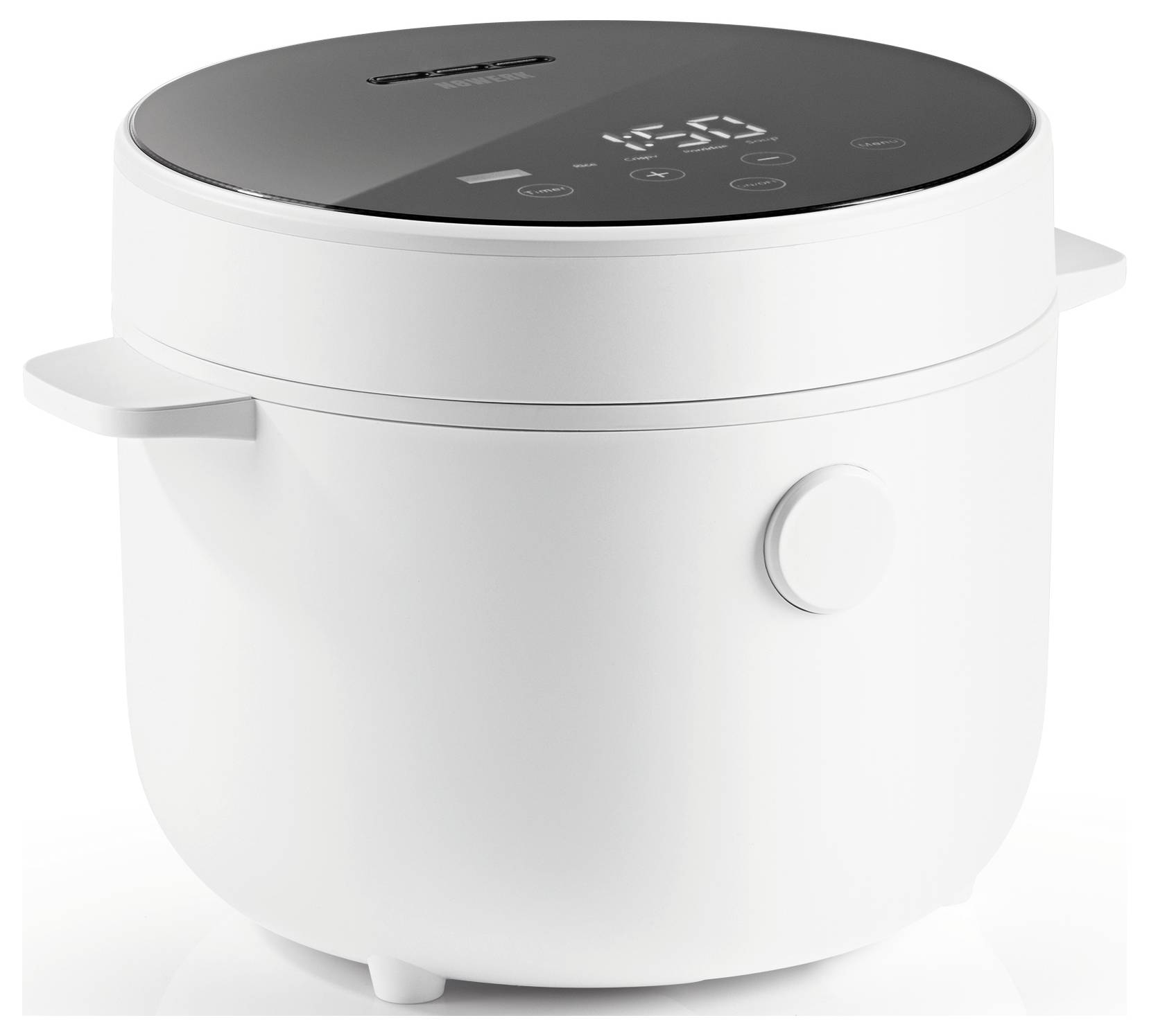 A white modern rice cooker with a digital display on the glossy lid, featuring touch controls.