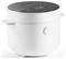 A white modern rice cooker with a digital display on the glossy lid, featuring touch controls.