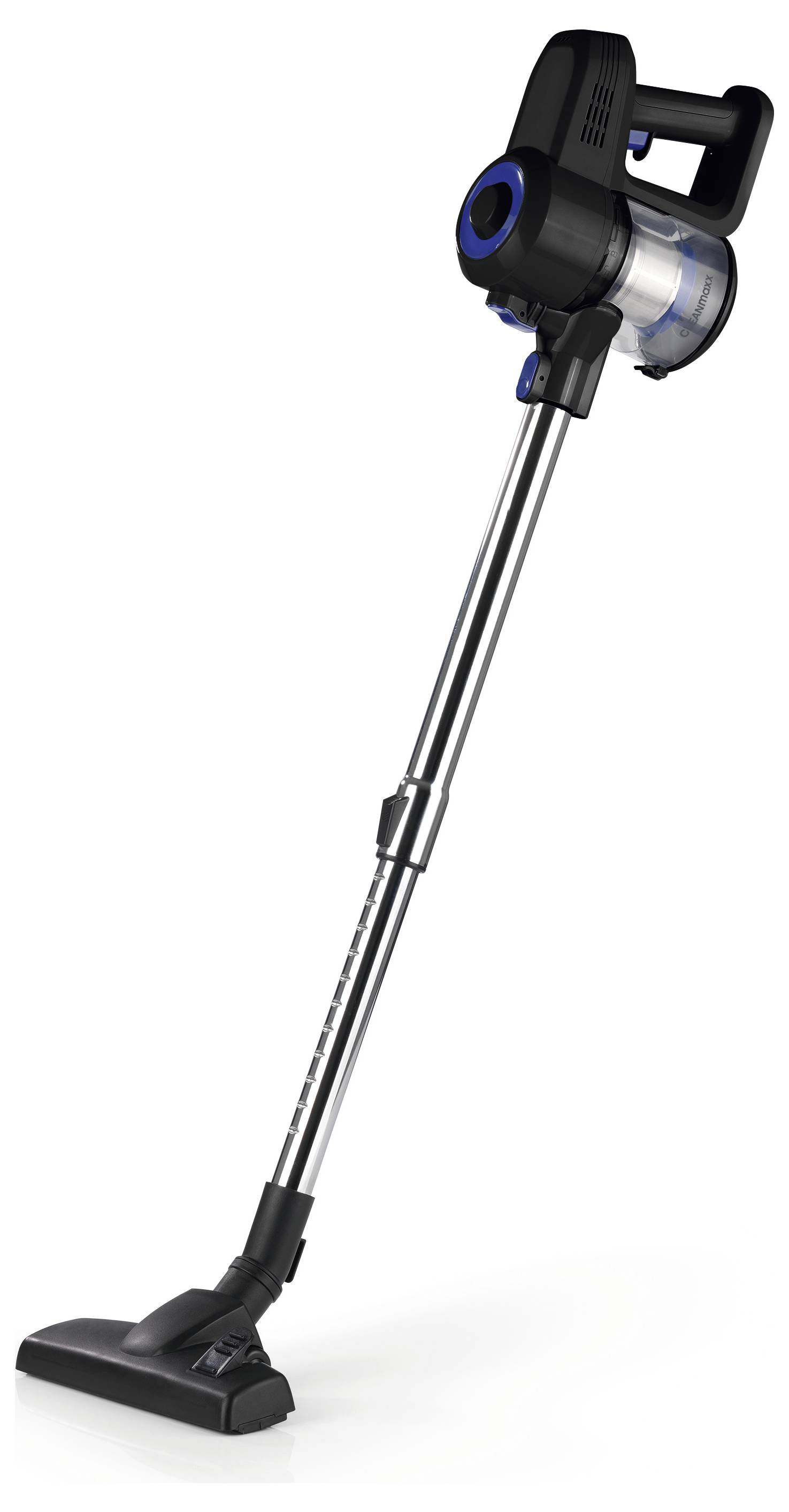 A sleek, black cordless vacuum cleaner with a long, adjustable metal handle and a transparent dust container.