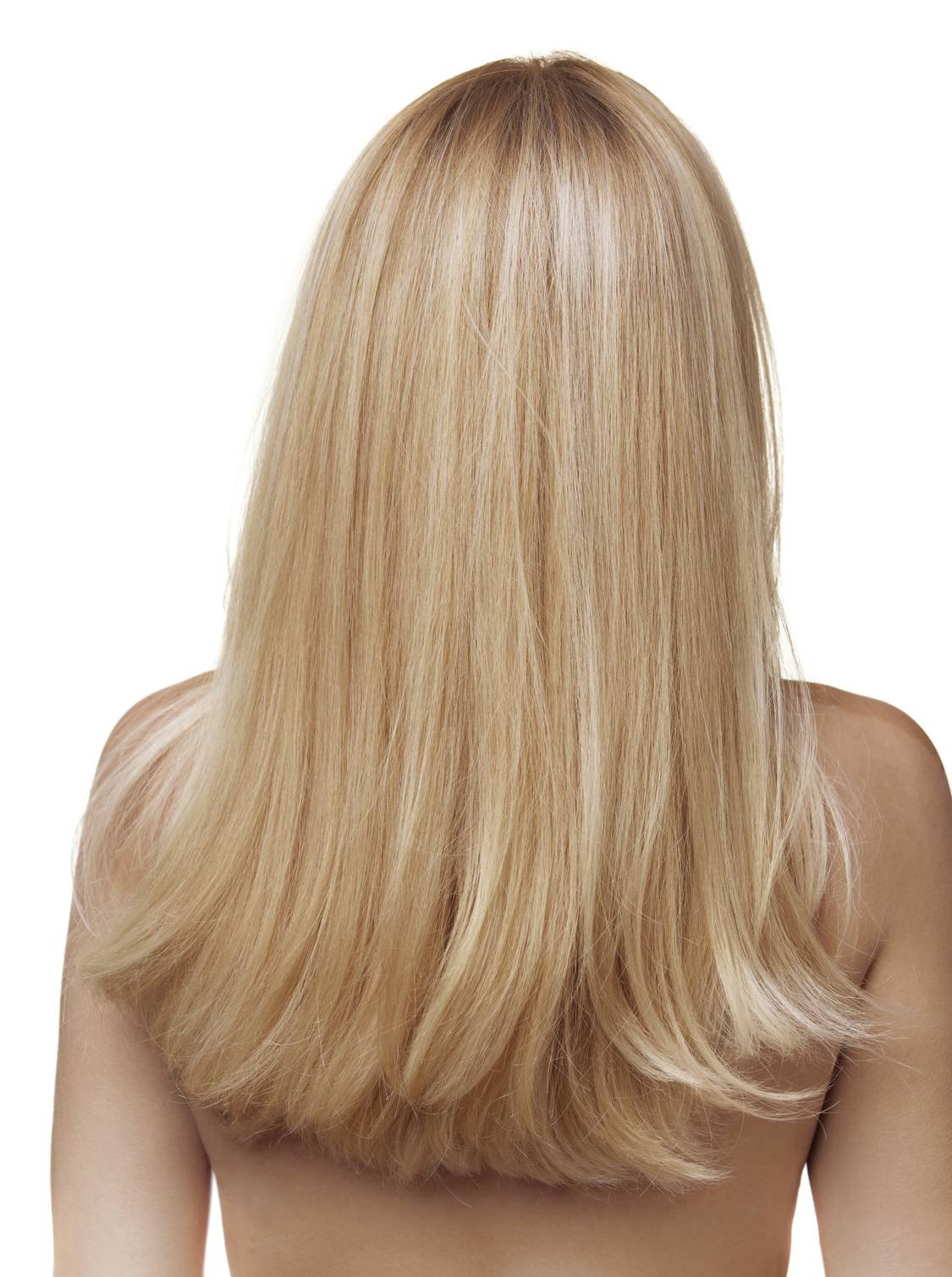 A woman with long, straight, blond hair is shown from the back against a plain white background.