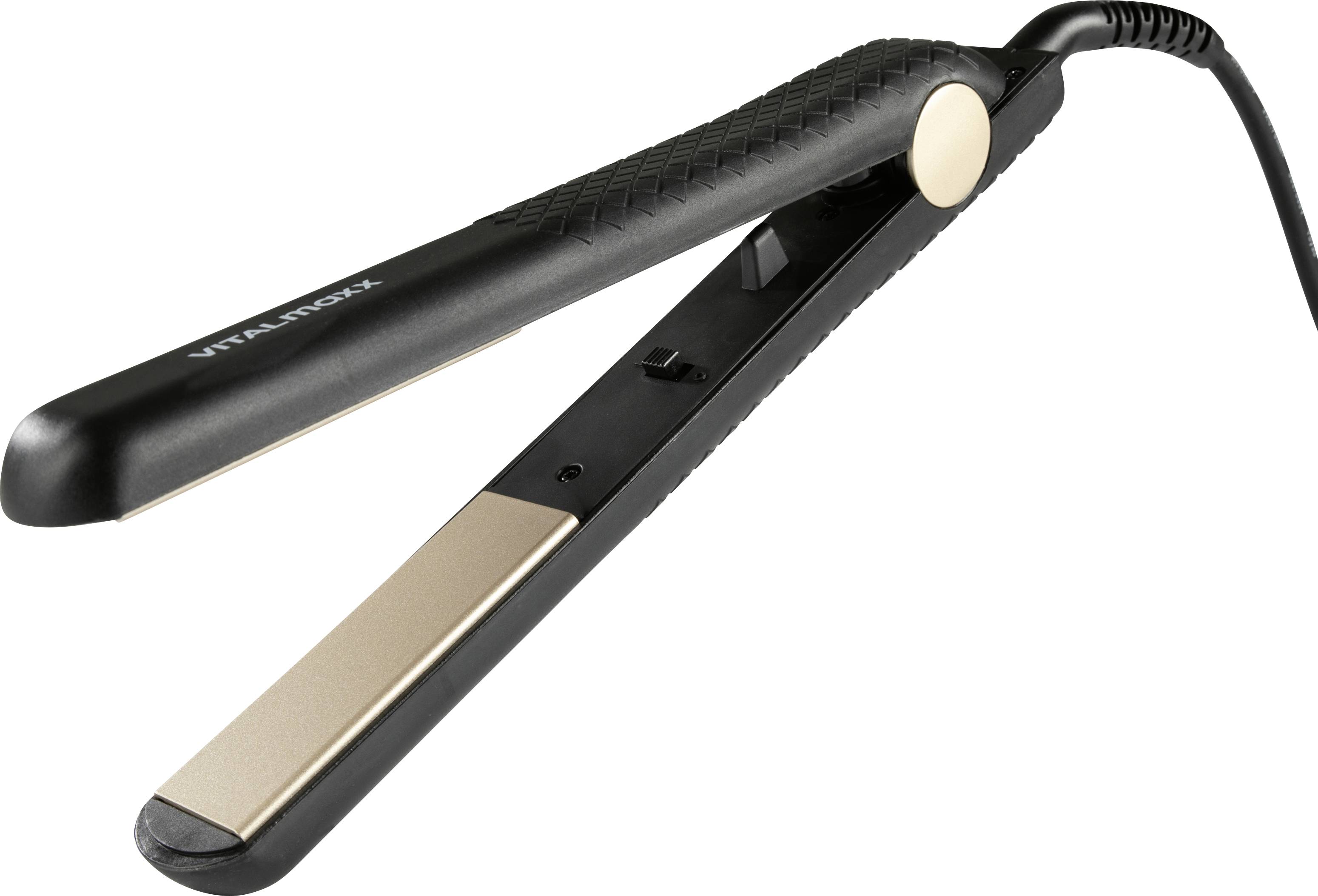 A black and gold flat iron hair straightener with a textured grip and power cord attached, viewed from a side angle.