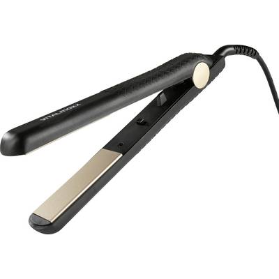 A black and gold flat iron hair straightener with a textured grip and power cord attached, viewed from a side angle.