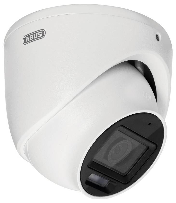 A white dome security camera with a black lens, angled for ceiling mounting, brand name visible in the upper left corner.