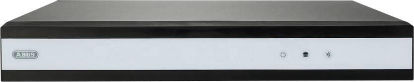 A black and silver electronic device with a logo on the front and three small indicator lights, possibly a network video recorder.