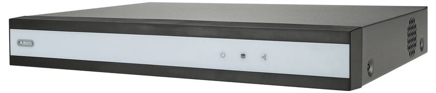 A black and white electronic device, likely a DVR or network video recorder, with indicator lights and vent on the side.