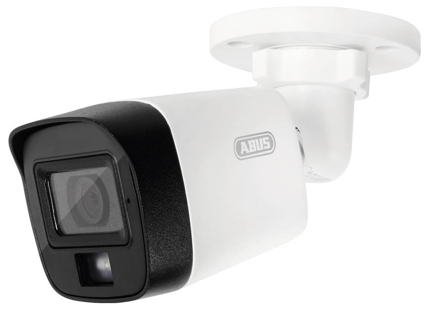 A white and black security camera mounted on a ceiling bracket, angled slightly downward for monitoring.