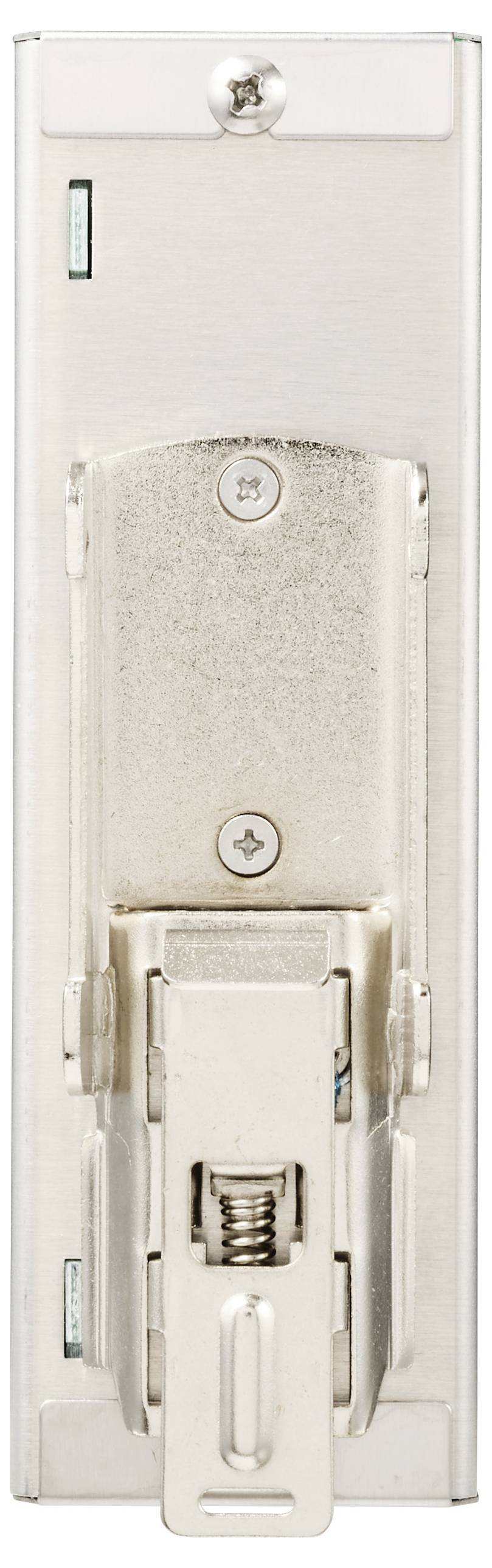 Metal latch mechanism on a rectangular mounting plate, featuring a spring-loaded lever.