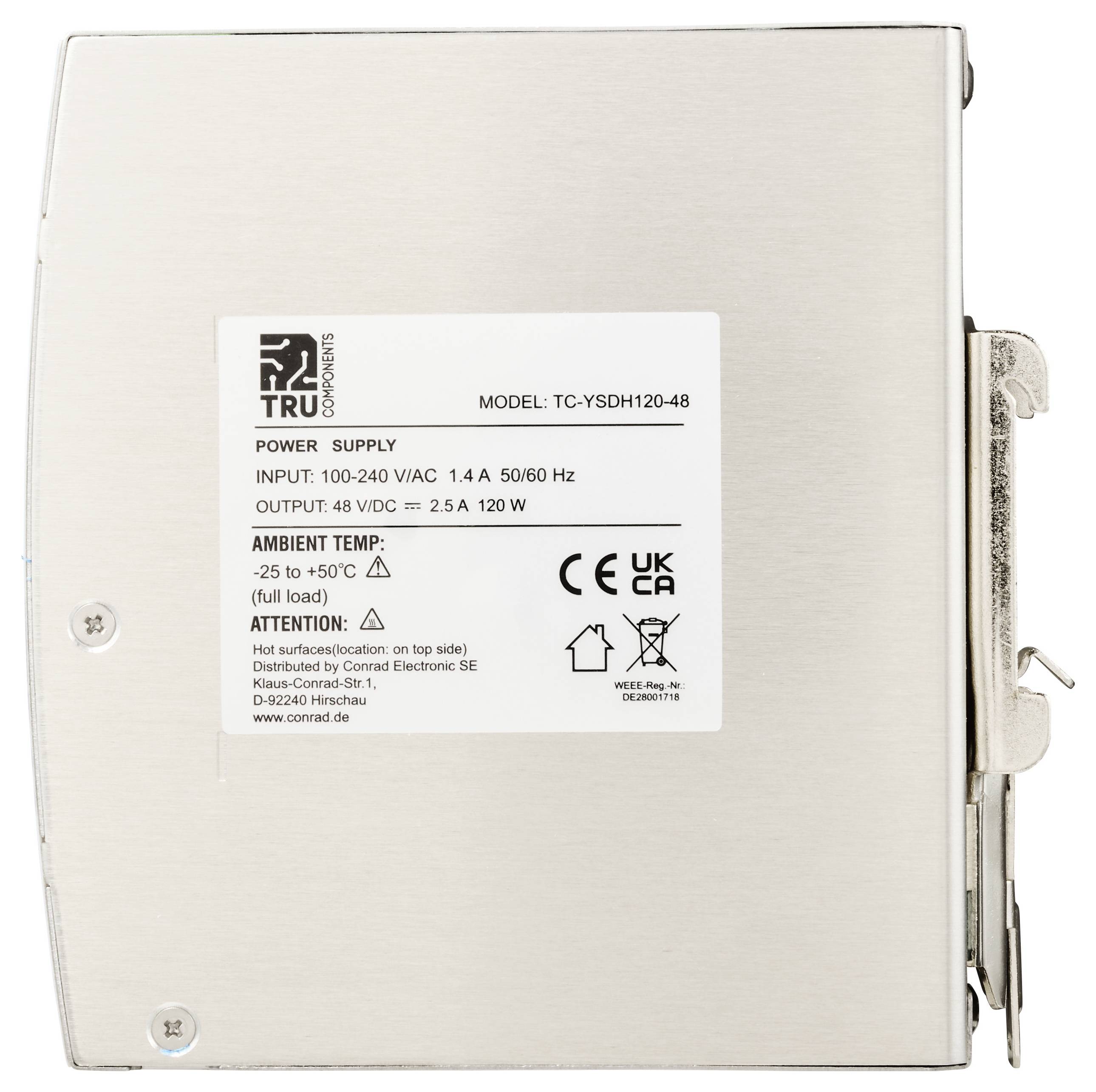 'TRACO Power Supply, Model TC-YSDH120-48, 48VDC output, input 100-240VAC, 1.4A, ambient temp -25 to +50°C, 120W max.'