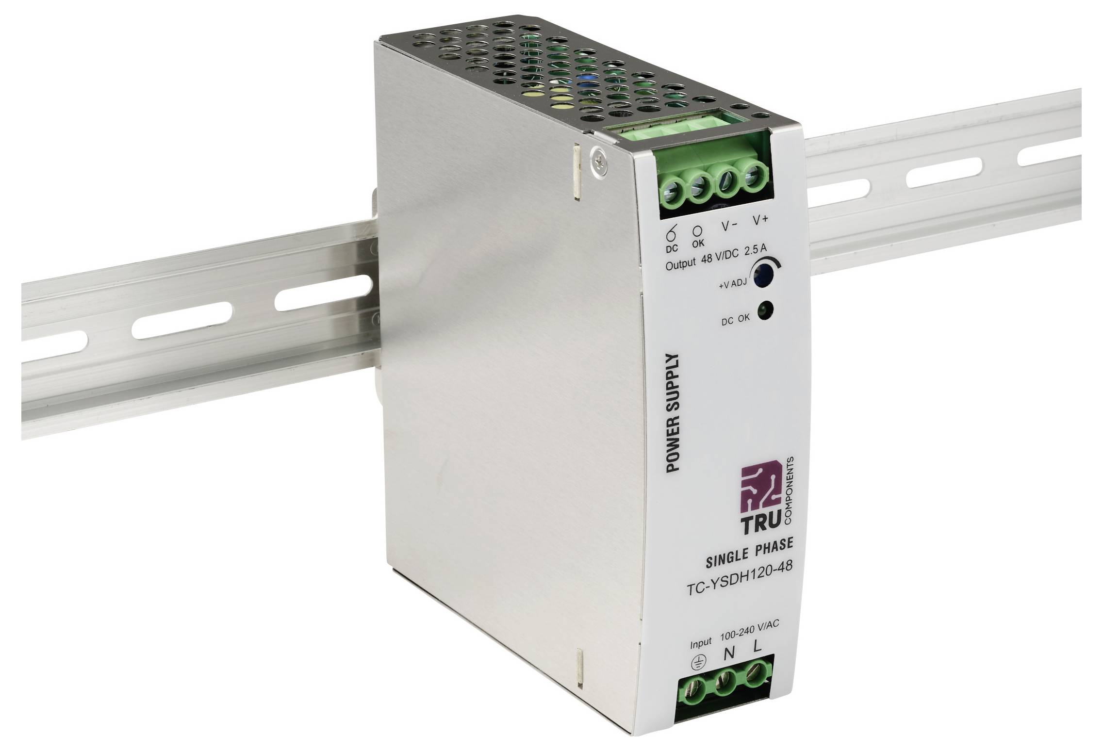 Power supply unit mounted on a metal rail; labeled 'TRU' and 'SINGLE PHASE TCYS0D120-48'; output 48VDC, 2.5A.