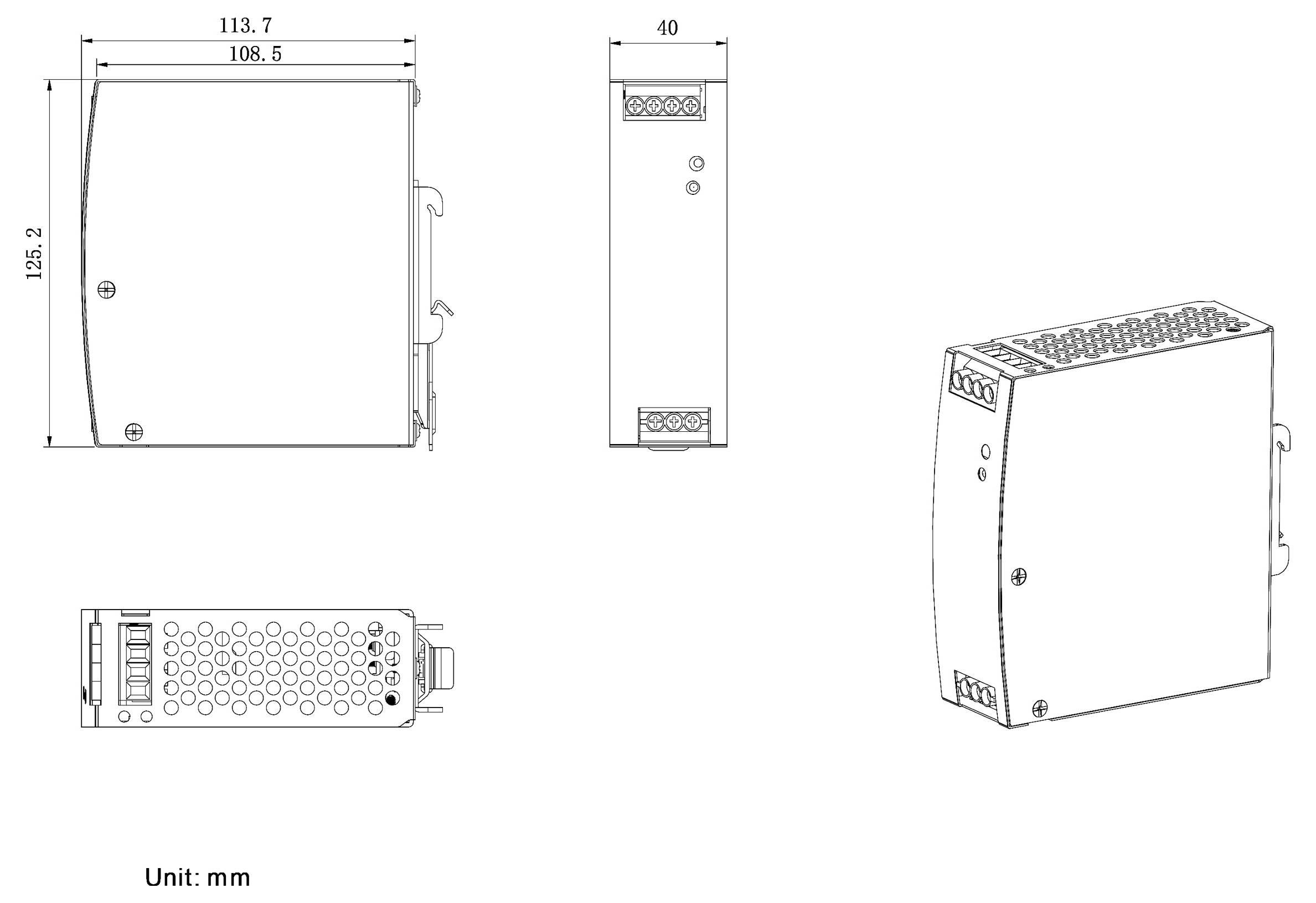 'Technical drawing of a rectangular electrical component, with dimensions 125.2 mm x 113.7 mm x 40 mm, showing top, side, and angled views.'