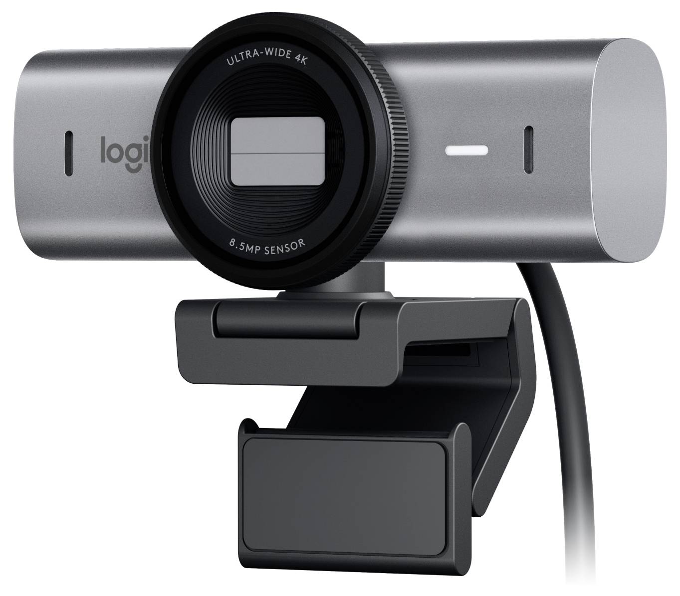 A sleek grey webcam with 'Ultra-Wide 4K' and '8.5 MP Sensor' text, featuring a lens in the center and attached to a mounting clip.