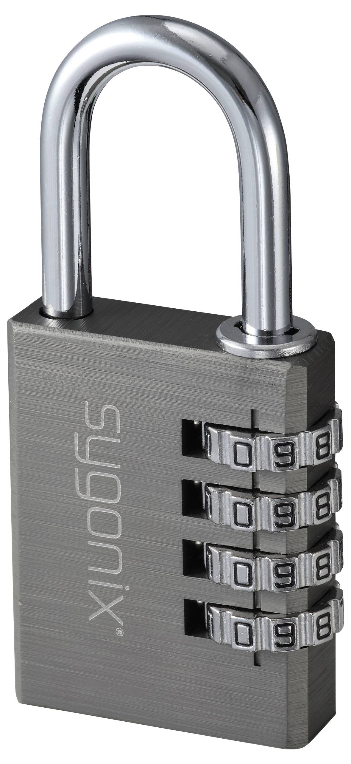 A silver combination padlock with four dials set to '0000'. The brand name is engraved on the side.