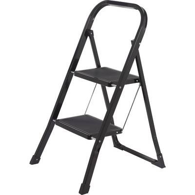 A black two-step ladder with a sturdy metal frame, designed for indoor use, typically used for reaching high shelves or cabinets.